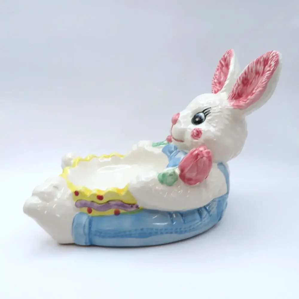 Vintage Hermitage Pottery Easter Bunny Rabbit Spongeware Dish Spring Decor 1997
